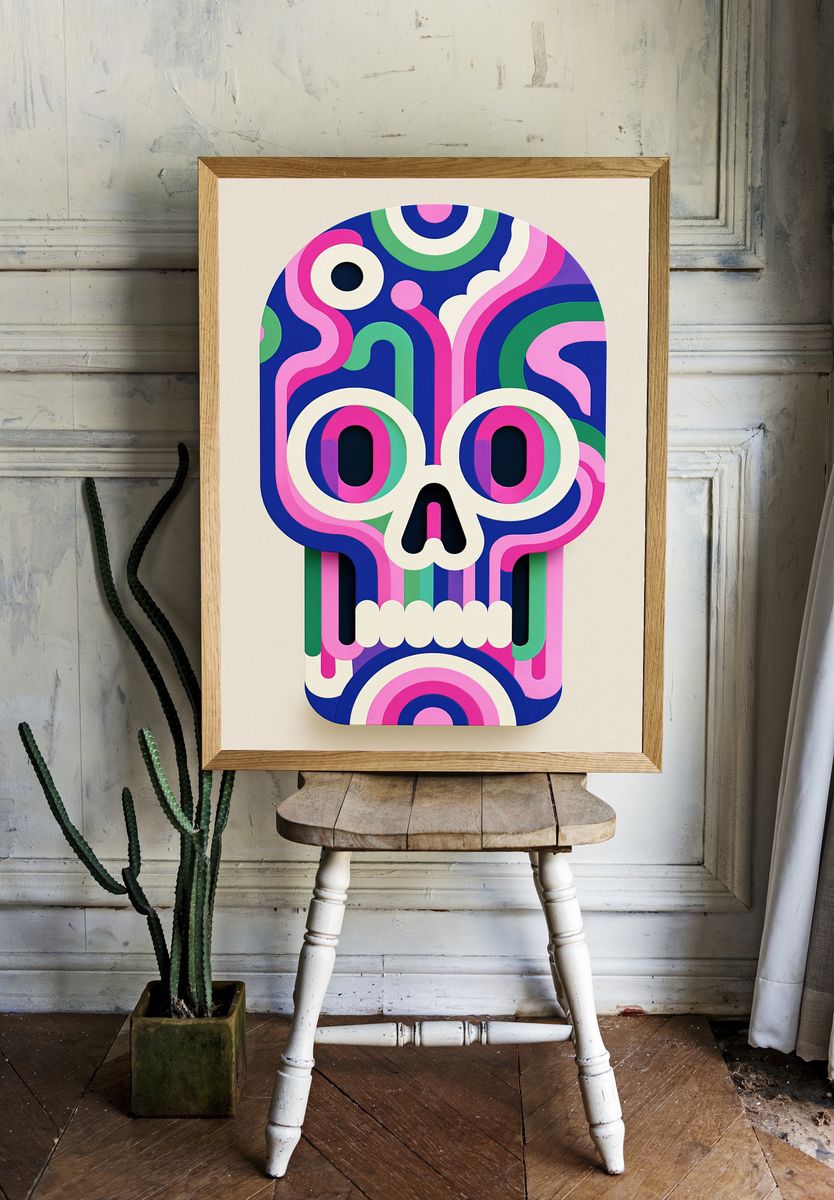 Psychedelic Skull Illustration Poster. — room view 1