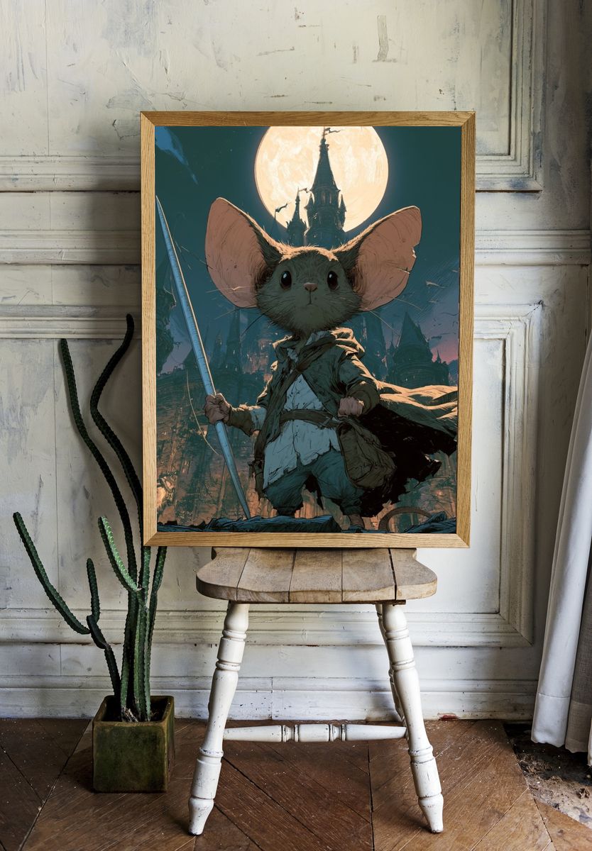 Moonlit Mouse Warrior Fantasy Print. — room view 1