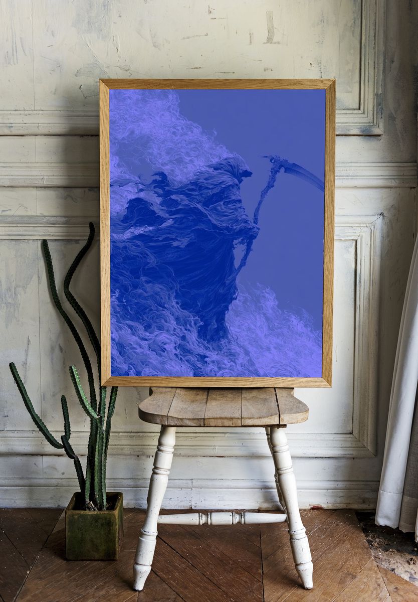 Grim Reaper Blue Surrealism Print. room preview