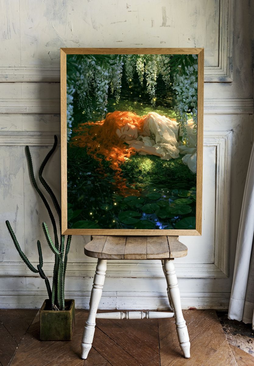 Sleeping Red-Haired Girl — Fantasy Print. room preview