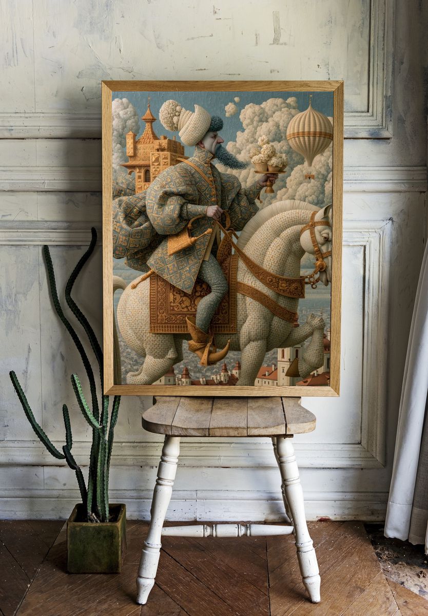 Surreal Rider on White Horse Print. — room view 1