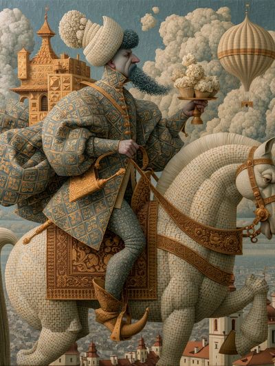 Surreal Rider on White Horse Print. poster