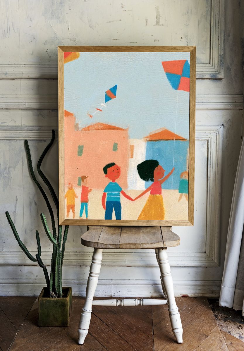 Children Flying Kites Illustration Poster. room preview