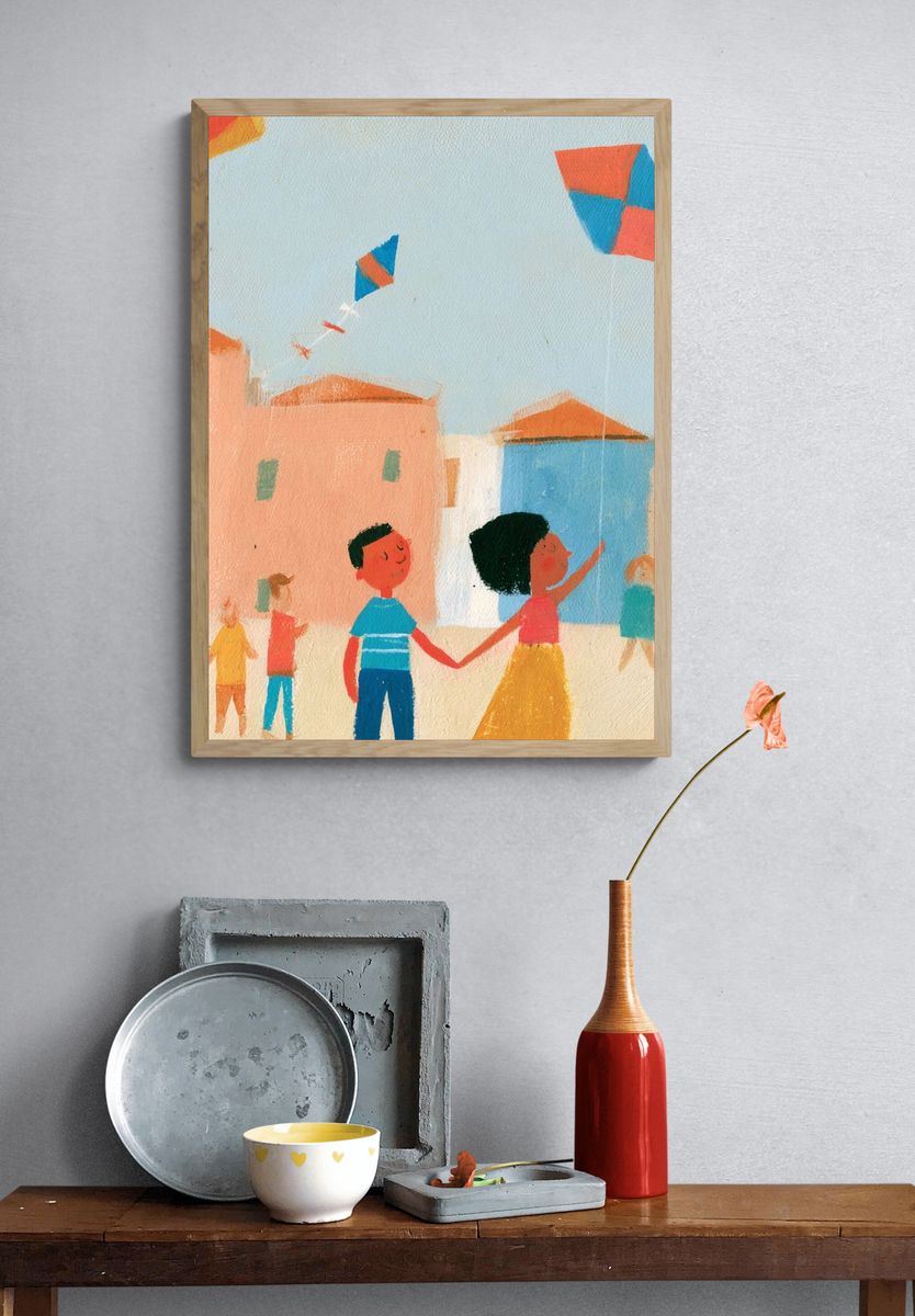 Children Flying Kites Illustration Poster. — room view 3