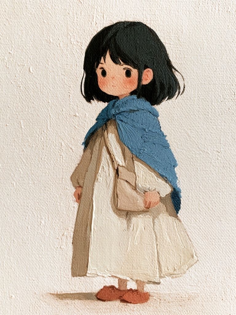 Girl in Blue Shawl Illustration Poster. poster detail