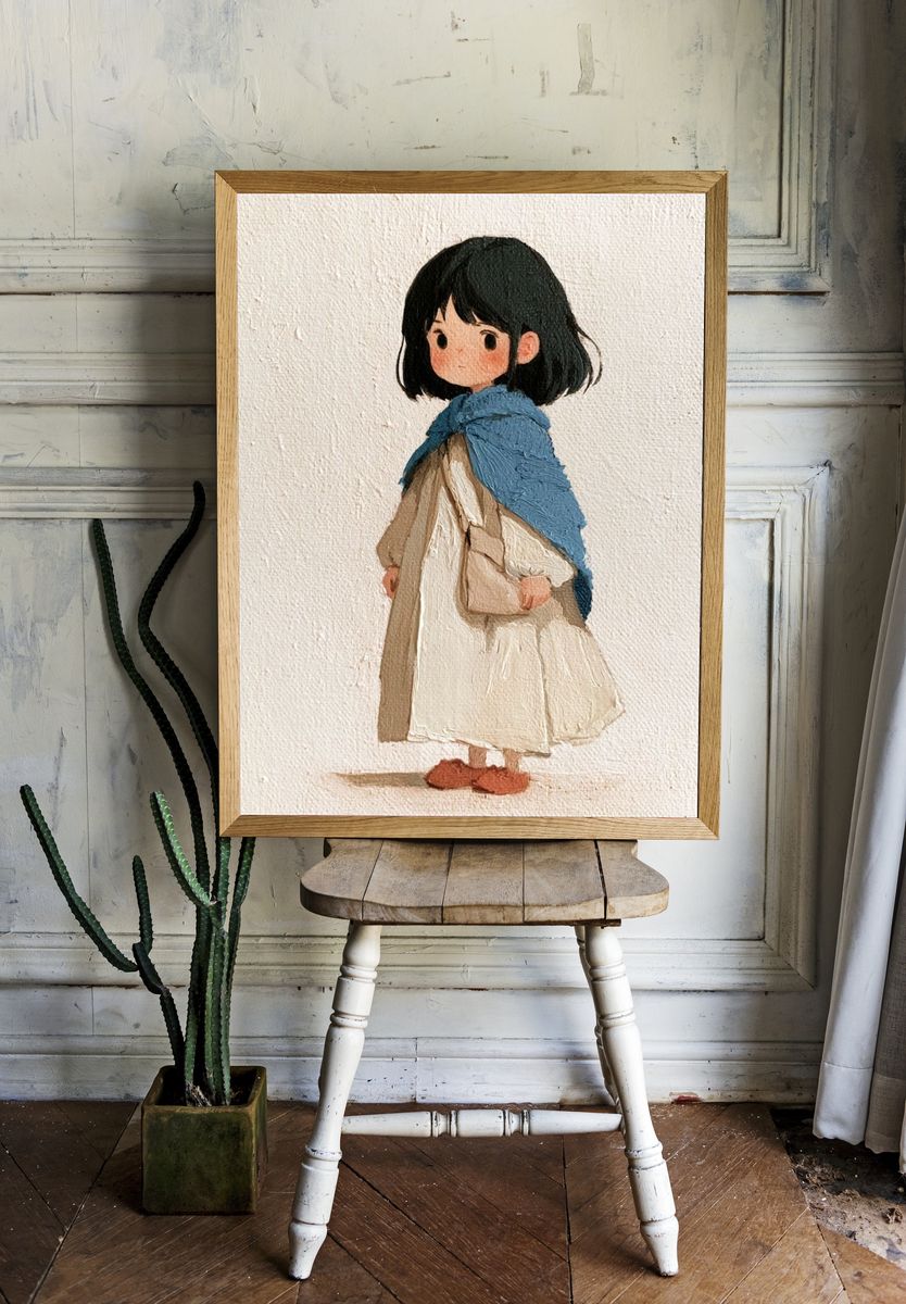 Girl in Blue Shawl Illustration Poster. — room view 1
