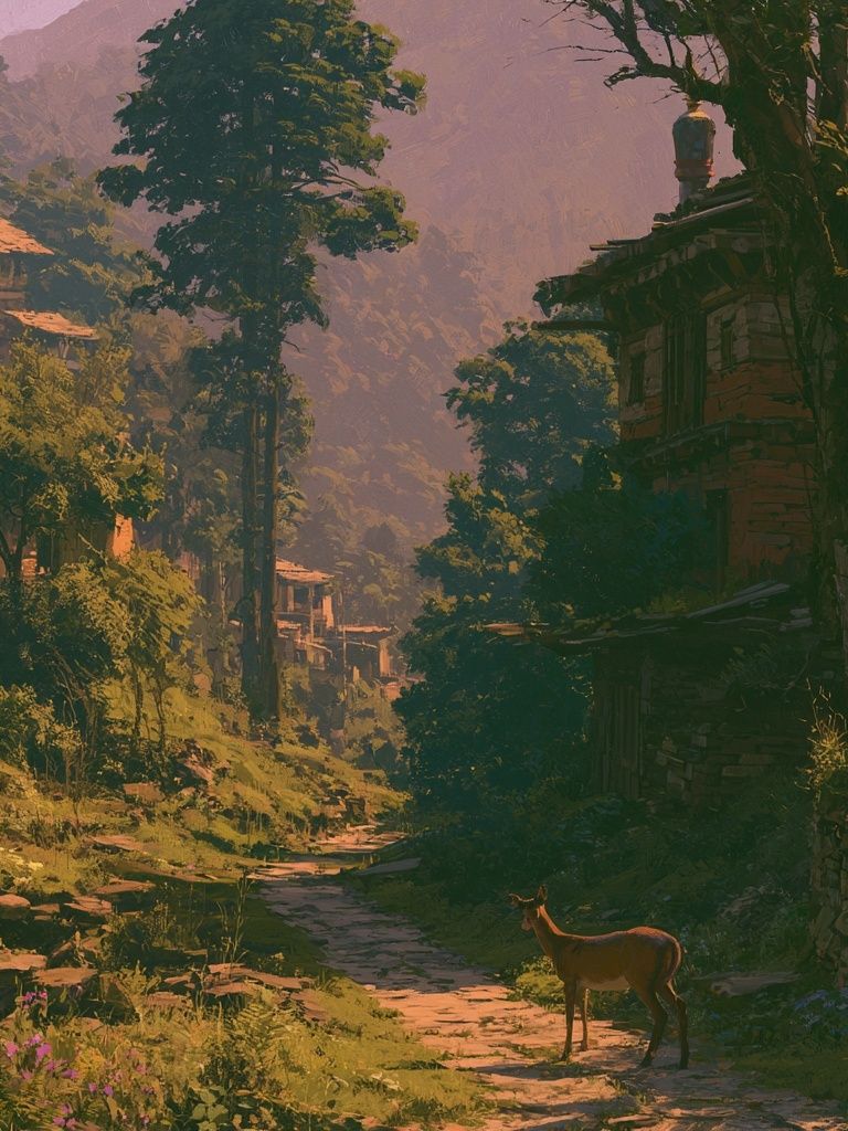 Mountain Village Deer Illustration Poster. poster — illustration art