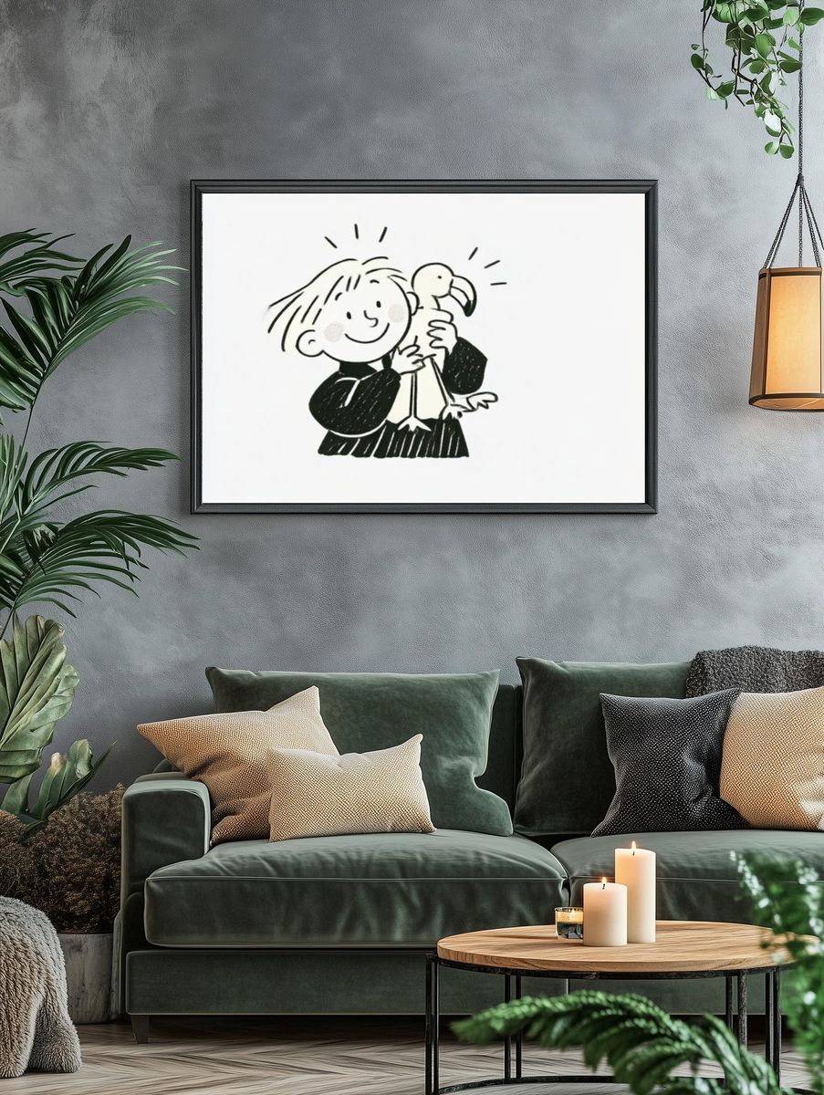 Girl with Flamingo Illustration Poster. — room view 4