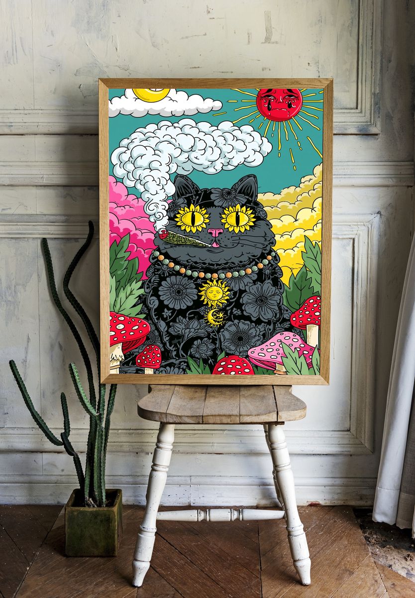 Psychedelic Black Cat Illustration Poster. — room view 1