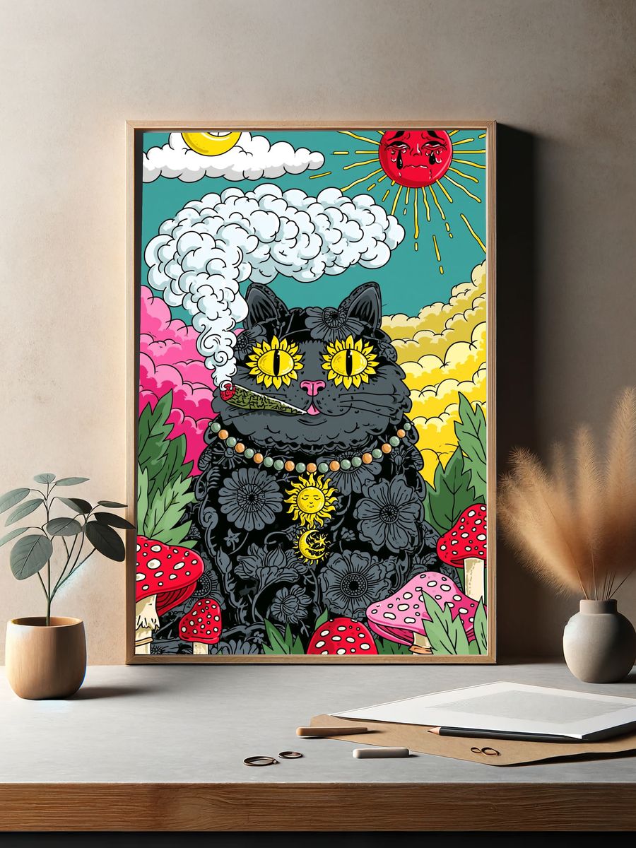 Psychedelic Black Cat Illustration Poster. — room view 2