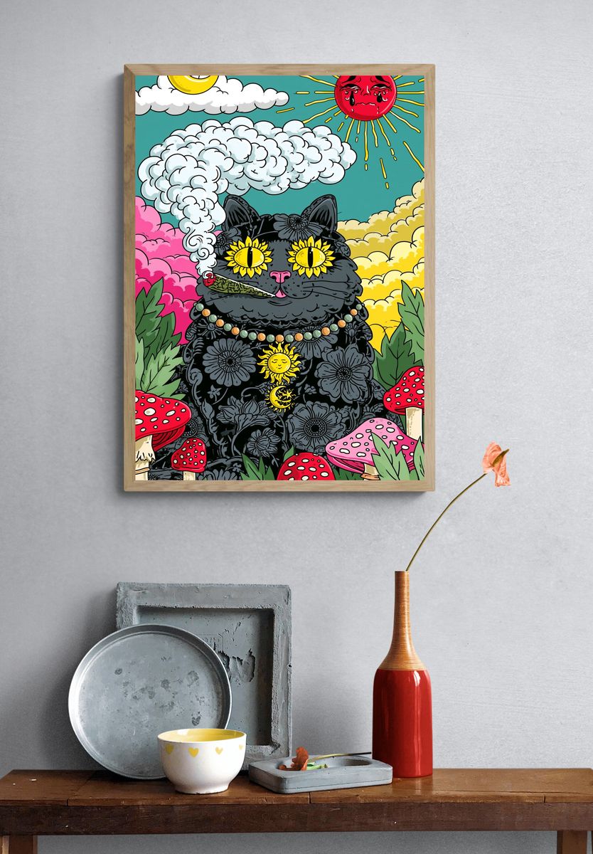 Psychedelic Black Cat Illustration Poster. — room view 3