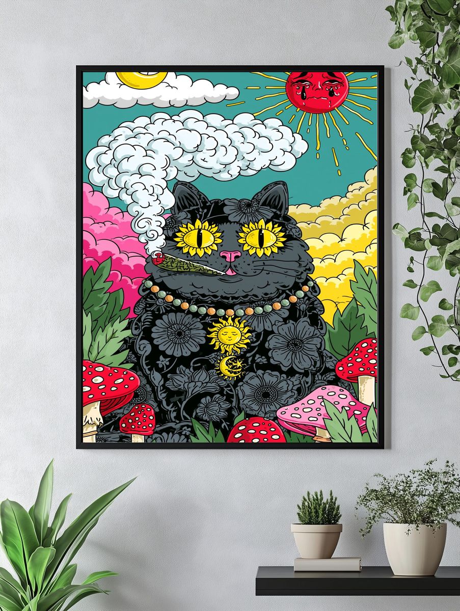 Psychedelic Black Cat Illustration Poster. — room view 4