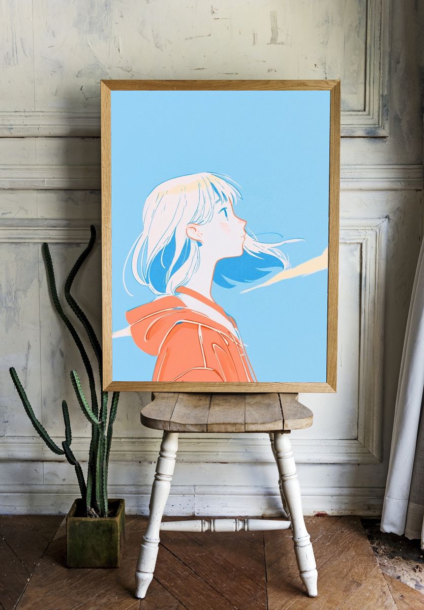 Dreamy Girl in Blue Sky Illustration Poster. — room view 1