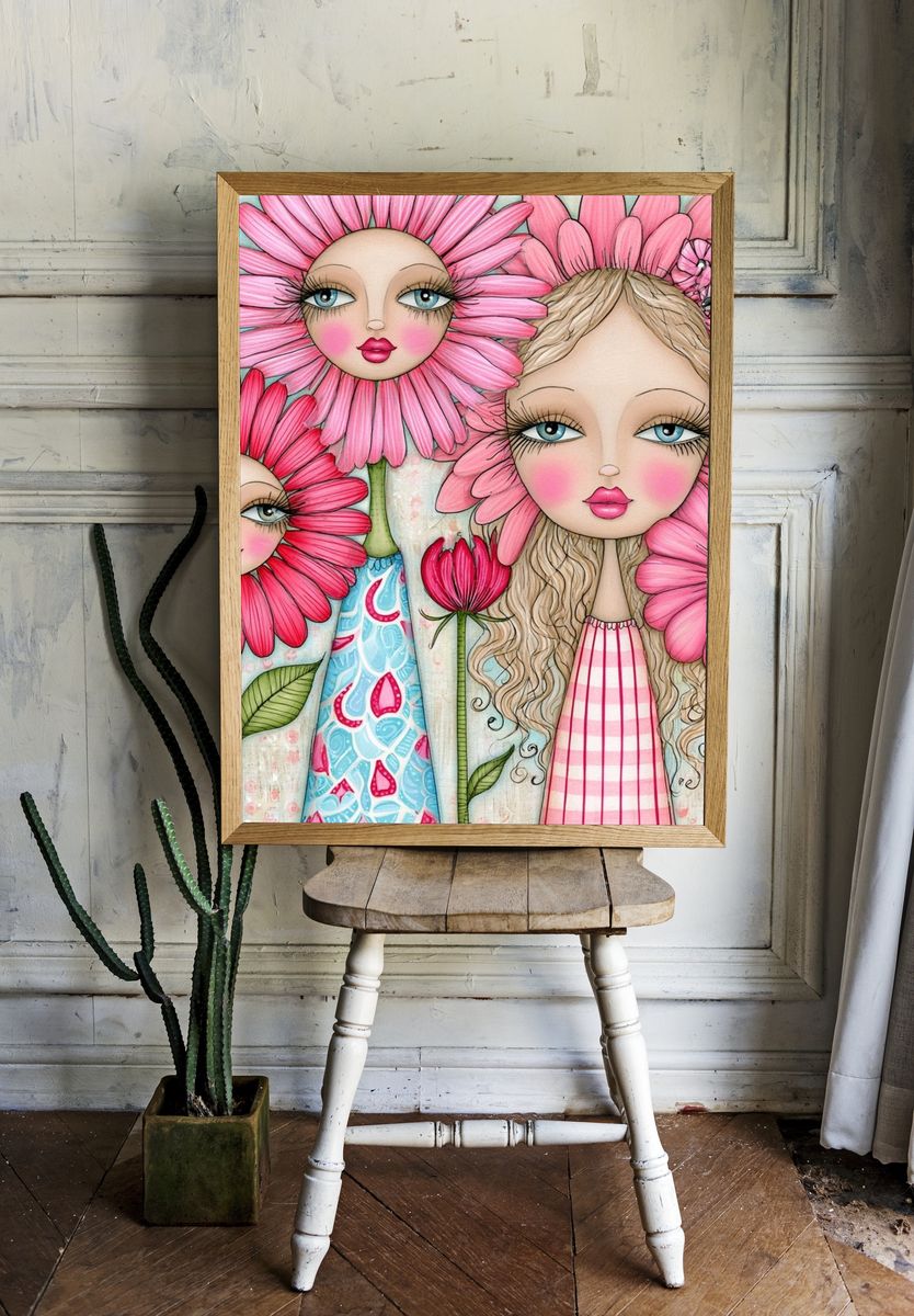 Pink Flower Girls Illustration Poster. room preview