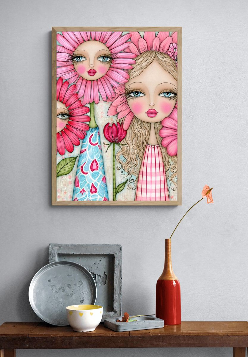 Pink Flower Girls Illustration Poster. — room view 3