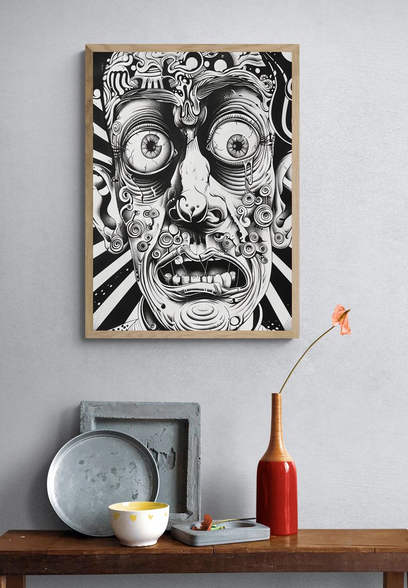Surreal Face Black-White Poster. — room view 3