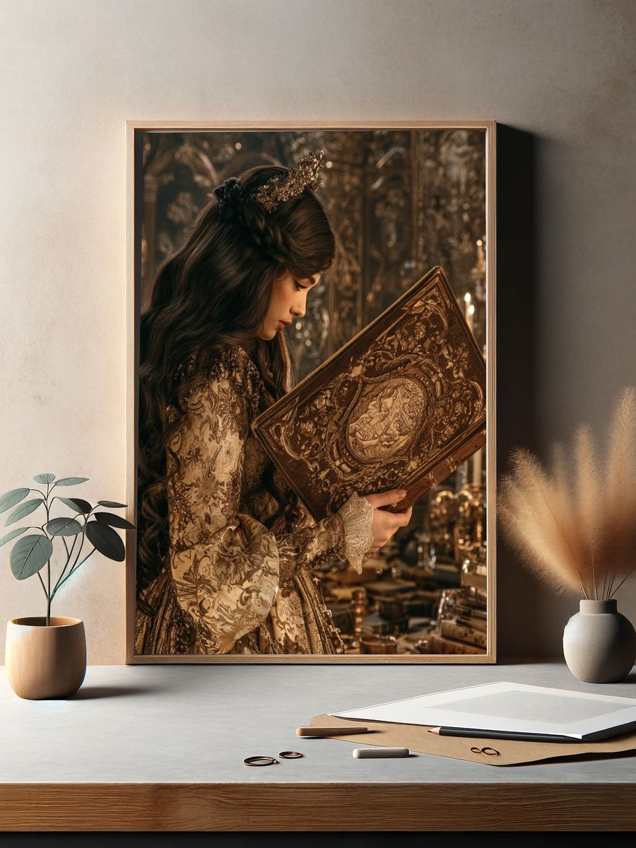 Gilded Storybook Reader Illustration Print. — room view 2
