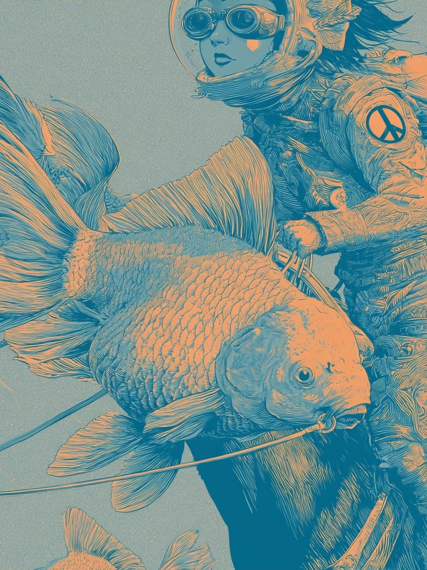 Aqua Diver with Koi Illustration Poster. poster — illustration art