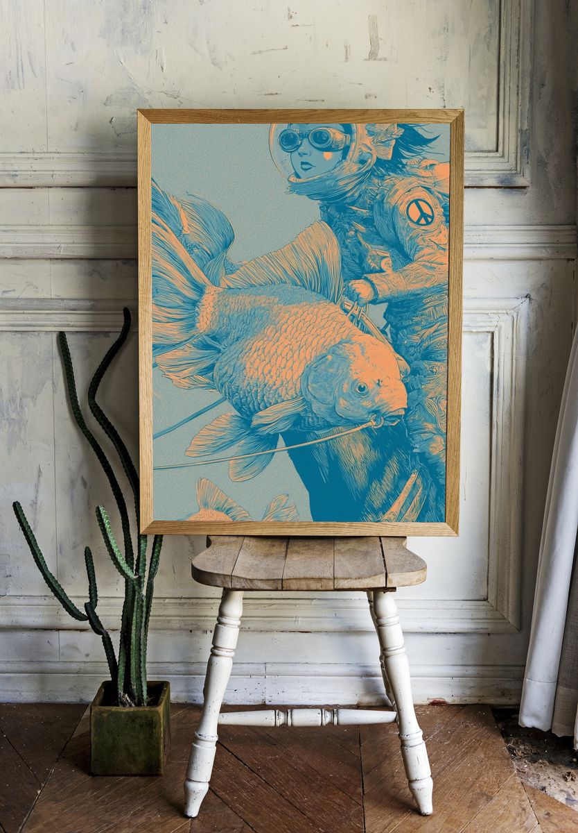 Aqua Diver with Koi Illustration Poster. — room view 1