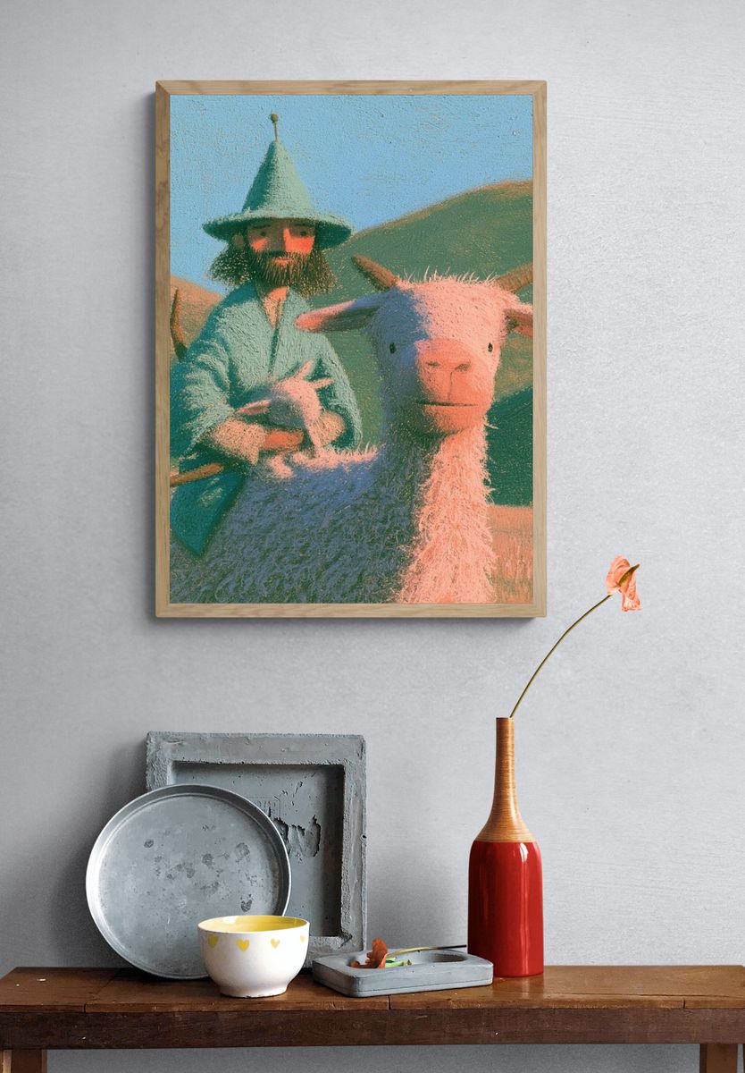 Shepherd and Goat Illustration Poster. — room view 3