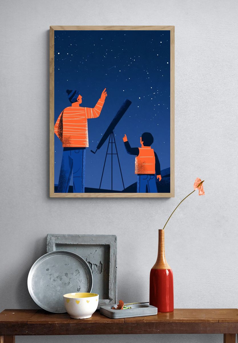 Stargazing Telescope Illustration Poster. — room view 3