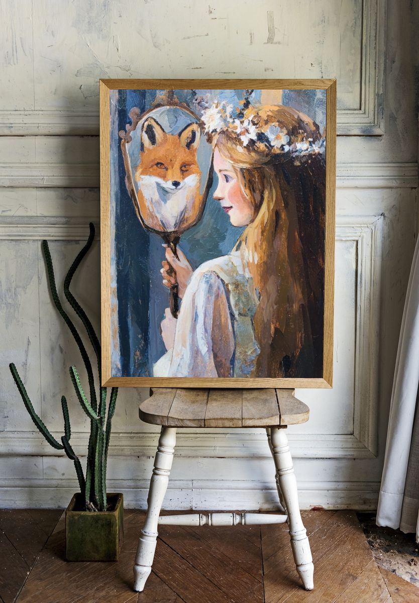 Girl with Fox Mirror Print. room preview