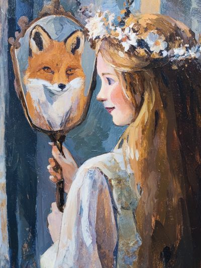 Girl with Fox Mirror Print. poster