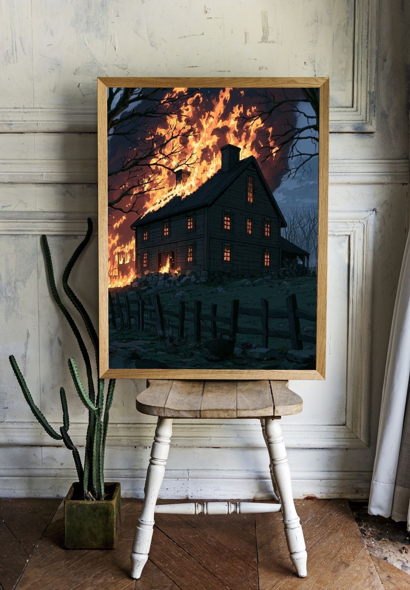 Burning House at Night Illustration Poster. room preview