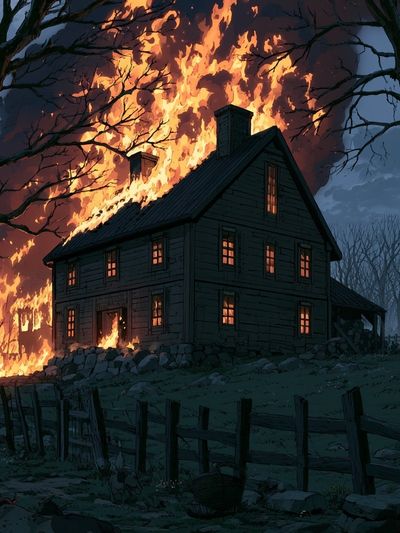 Burning House at Night Illustration Poster. poster