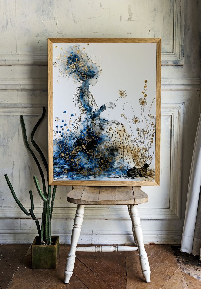 Blue Floral Woman Illustration Poster. — room view 1