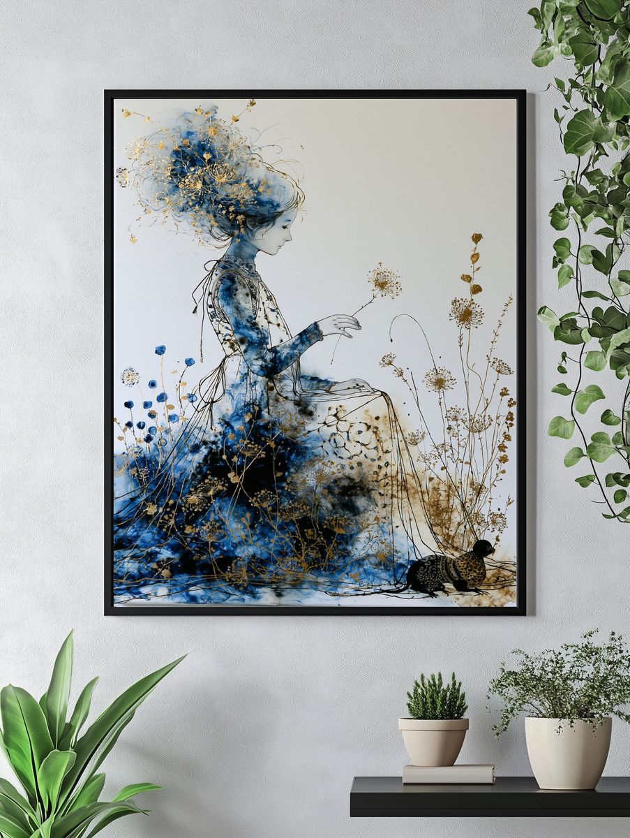 Blue Floral Woman Illustration Poster. — room view 4