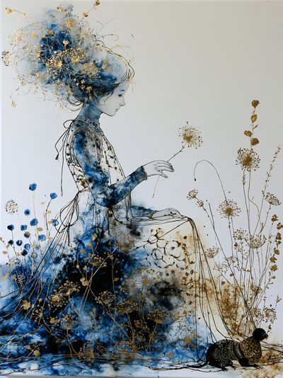 Blue Floral Woman Illustration Poster. poster print