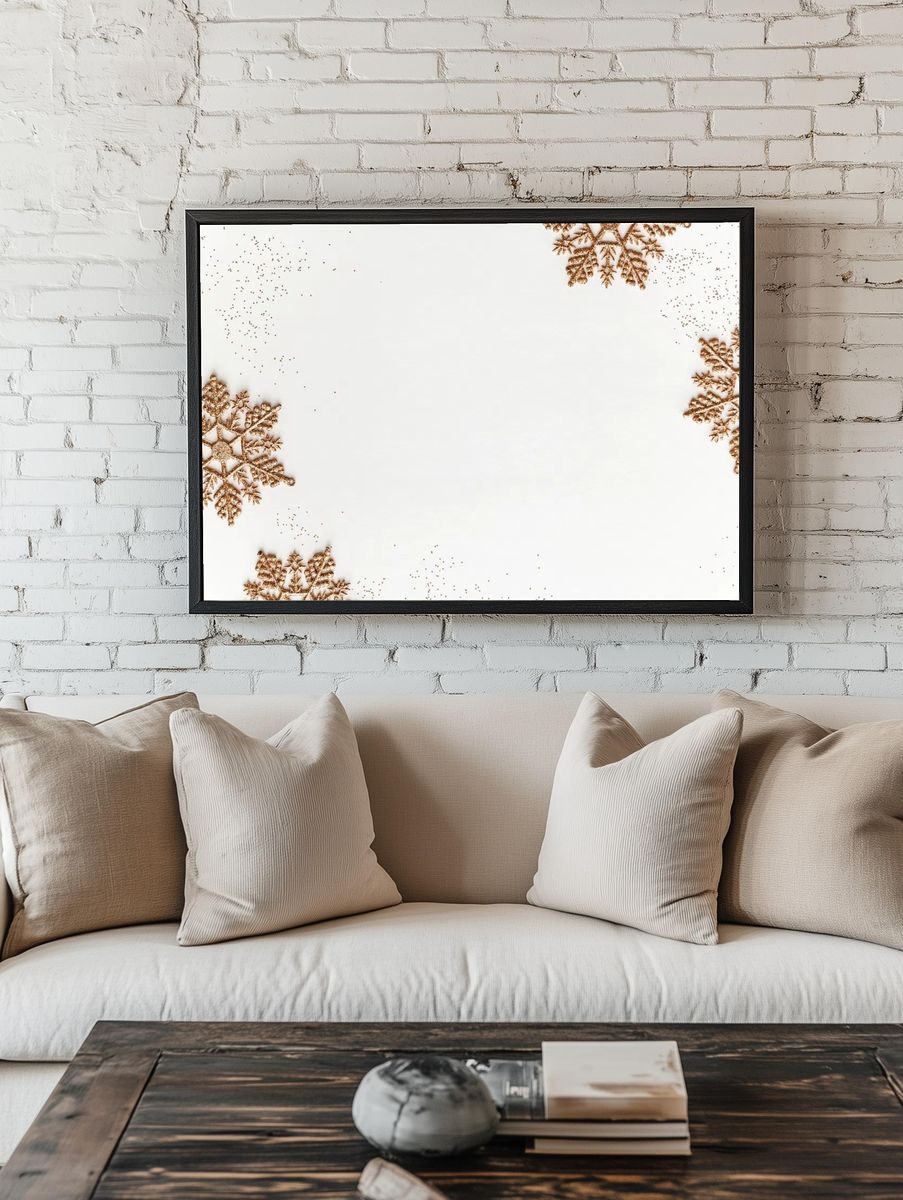 Festive golden snowflakes frame design room preview