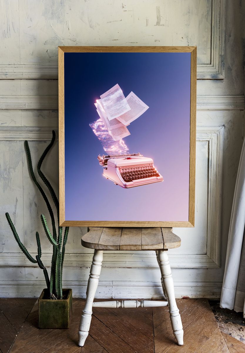 Floating Typewriter Digital Art Print. — room view 1