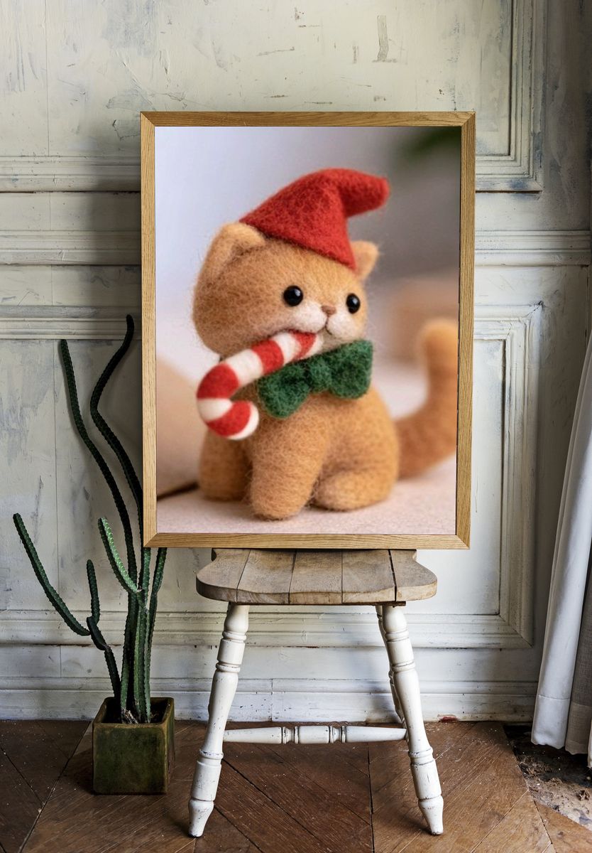 Felt Christmas Cat Illustration Poster. — room view 1