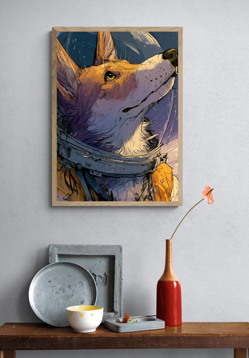 Astronaut Corgi Illustration Poster. — room view 3