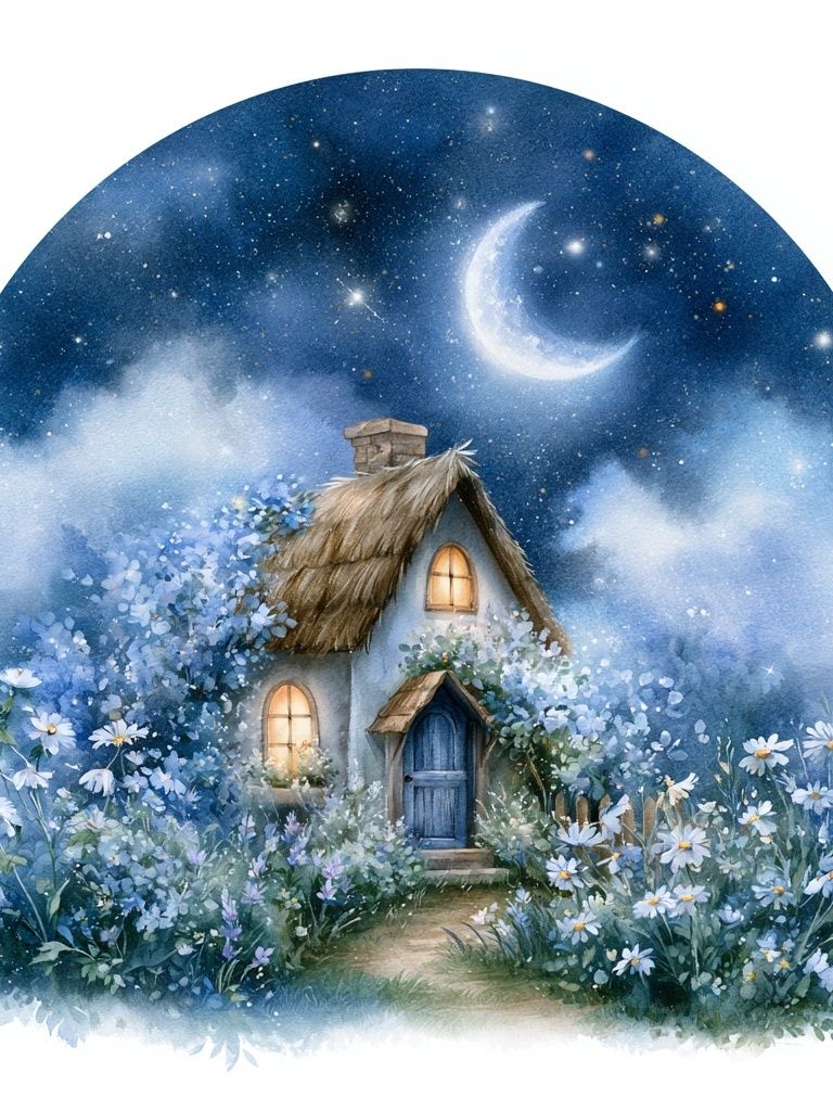Moonlit Cottage Watercolor Print. poster detail