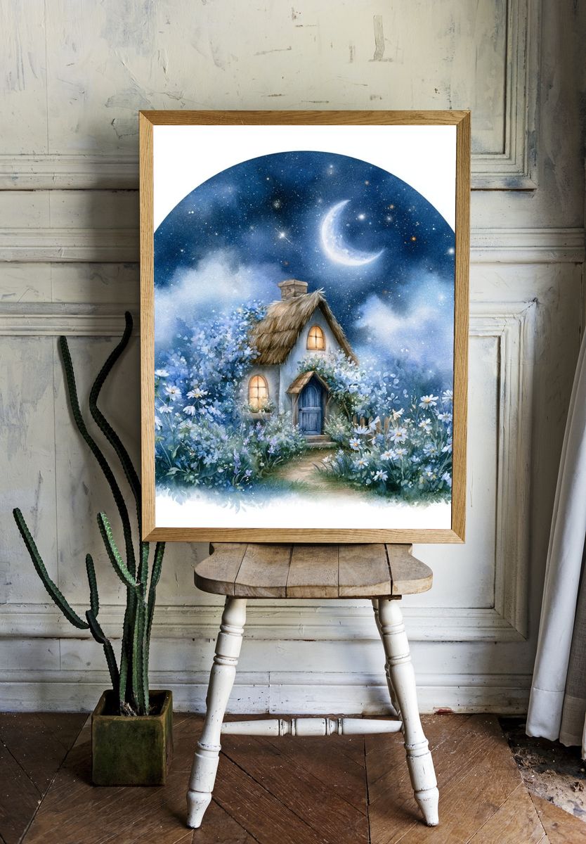 Moonlit Cottage Watercolor Print. — room view 1