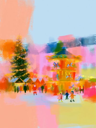 Festive Winter Village Illustration Poster. poster