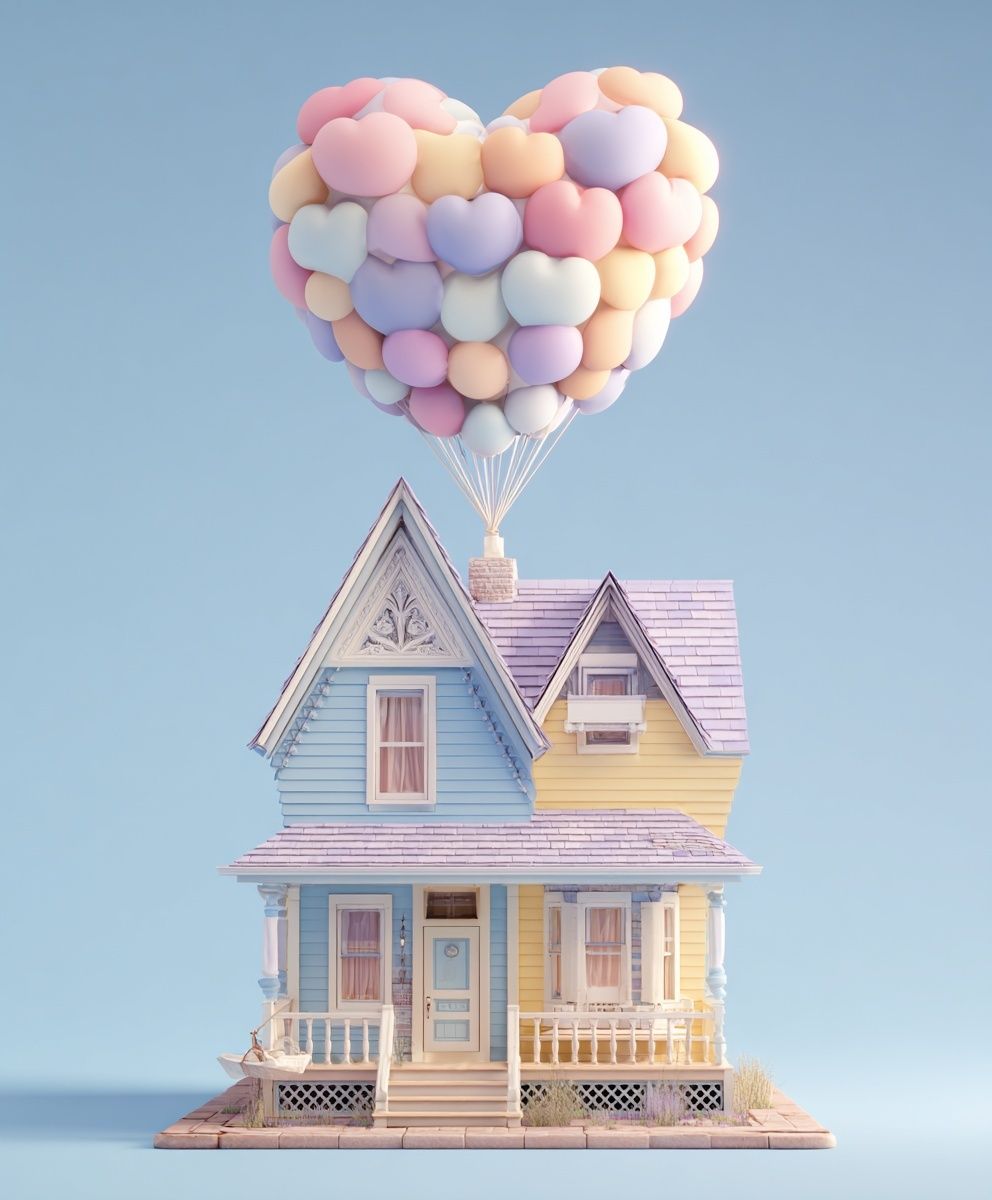Pastel Balloon House Illustration Print. poster — illustration art