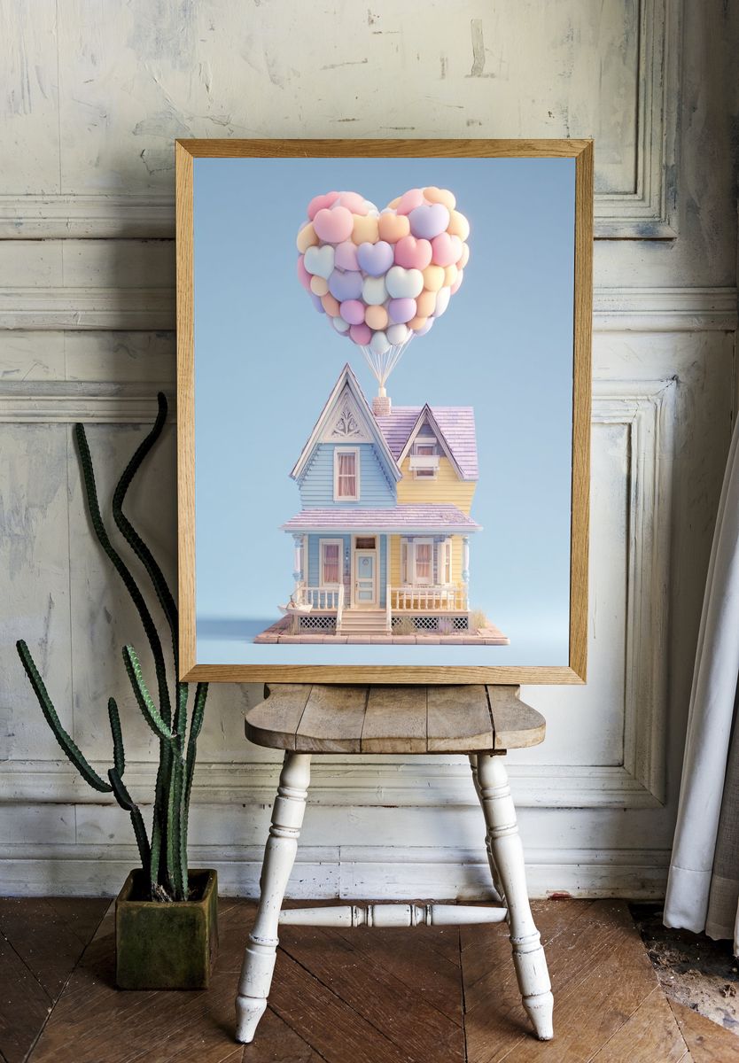 Pastel Balloon House Illustration Print. — room view 1