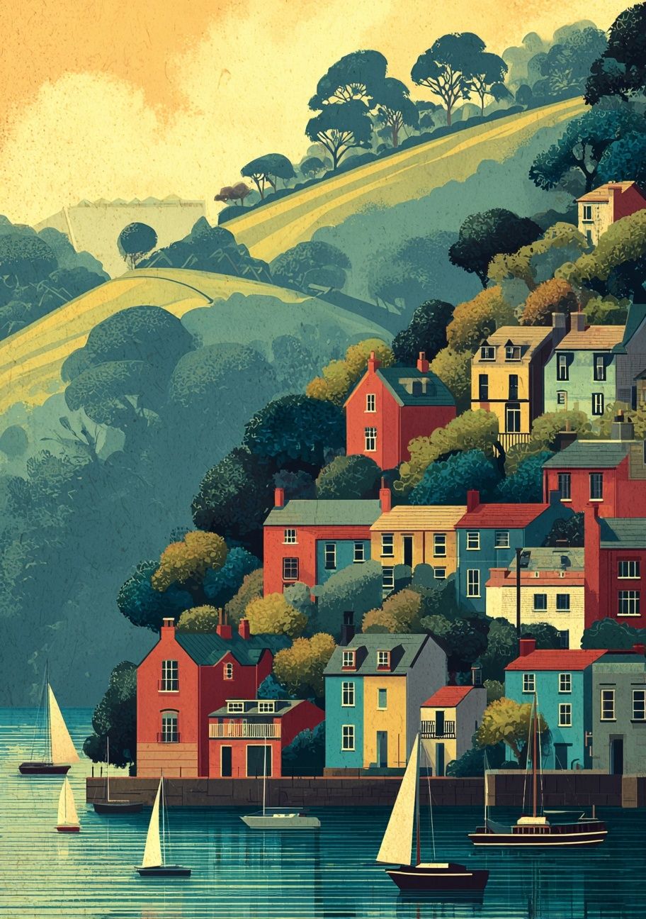 Harbor Village Hillside Print. poster — illustration art