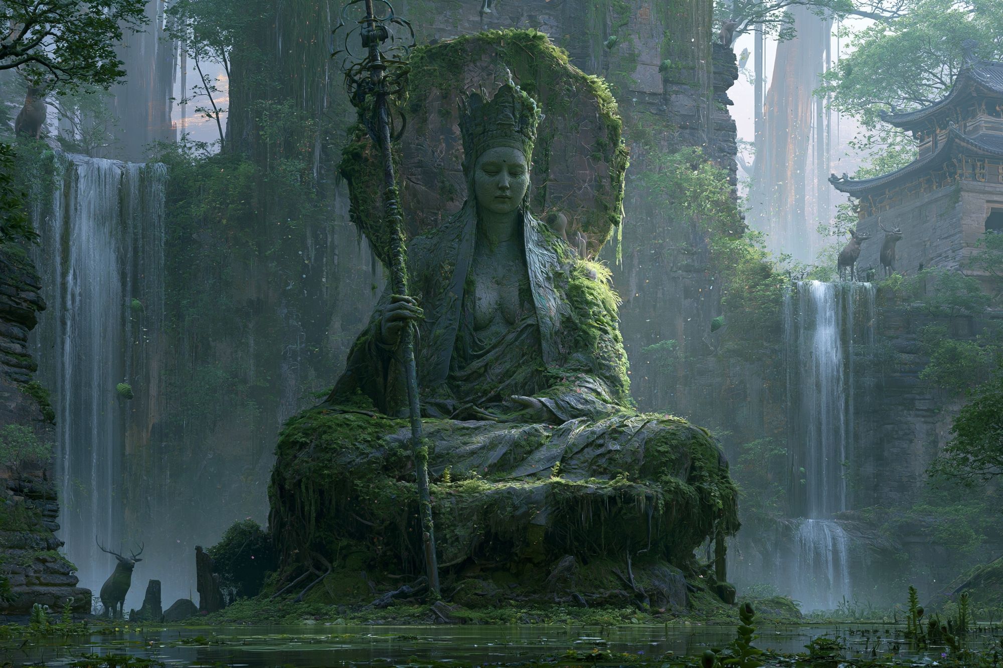 Mossy Temple Guardian Fantasy Print. poster — illustration art