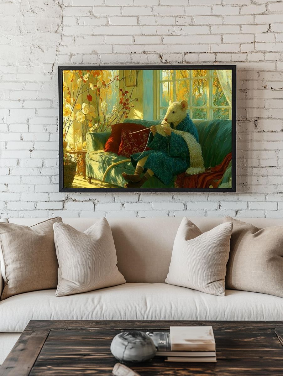 Mouse Knitting by the Window Print. room preview