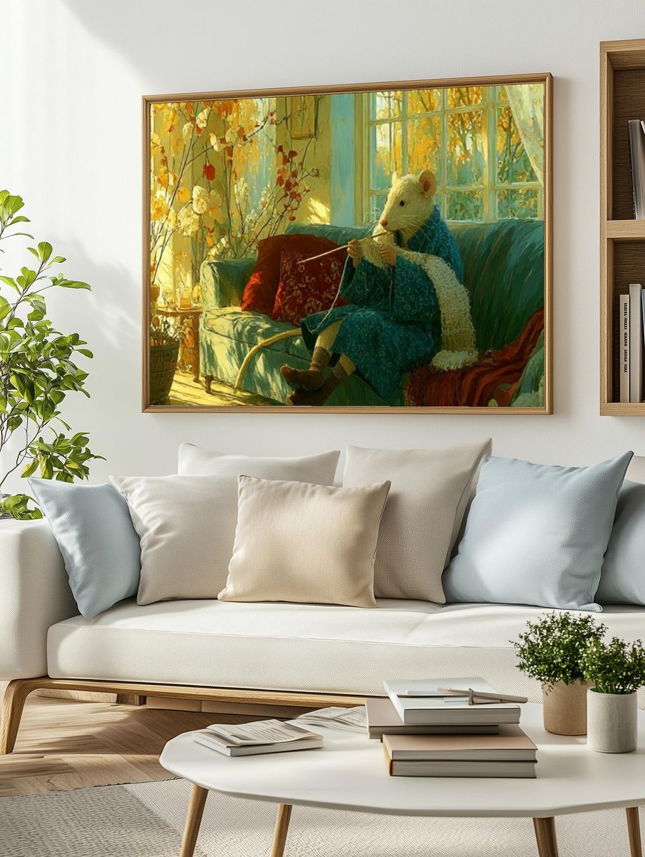 Mouse Knitting by the Window Print. — room view 2