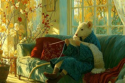 Mouse Knitting by the Window Print.