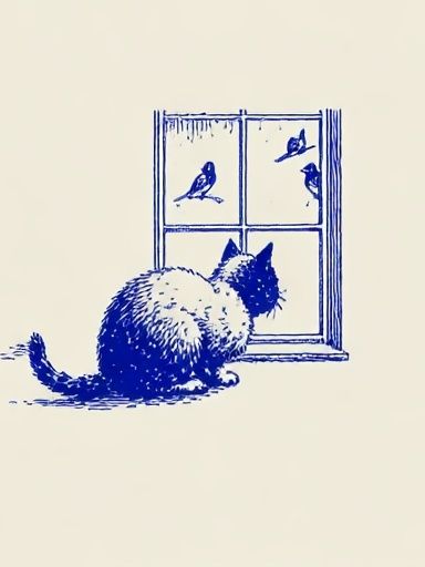 Cat at Window Illustration Print. poster — illustration art