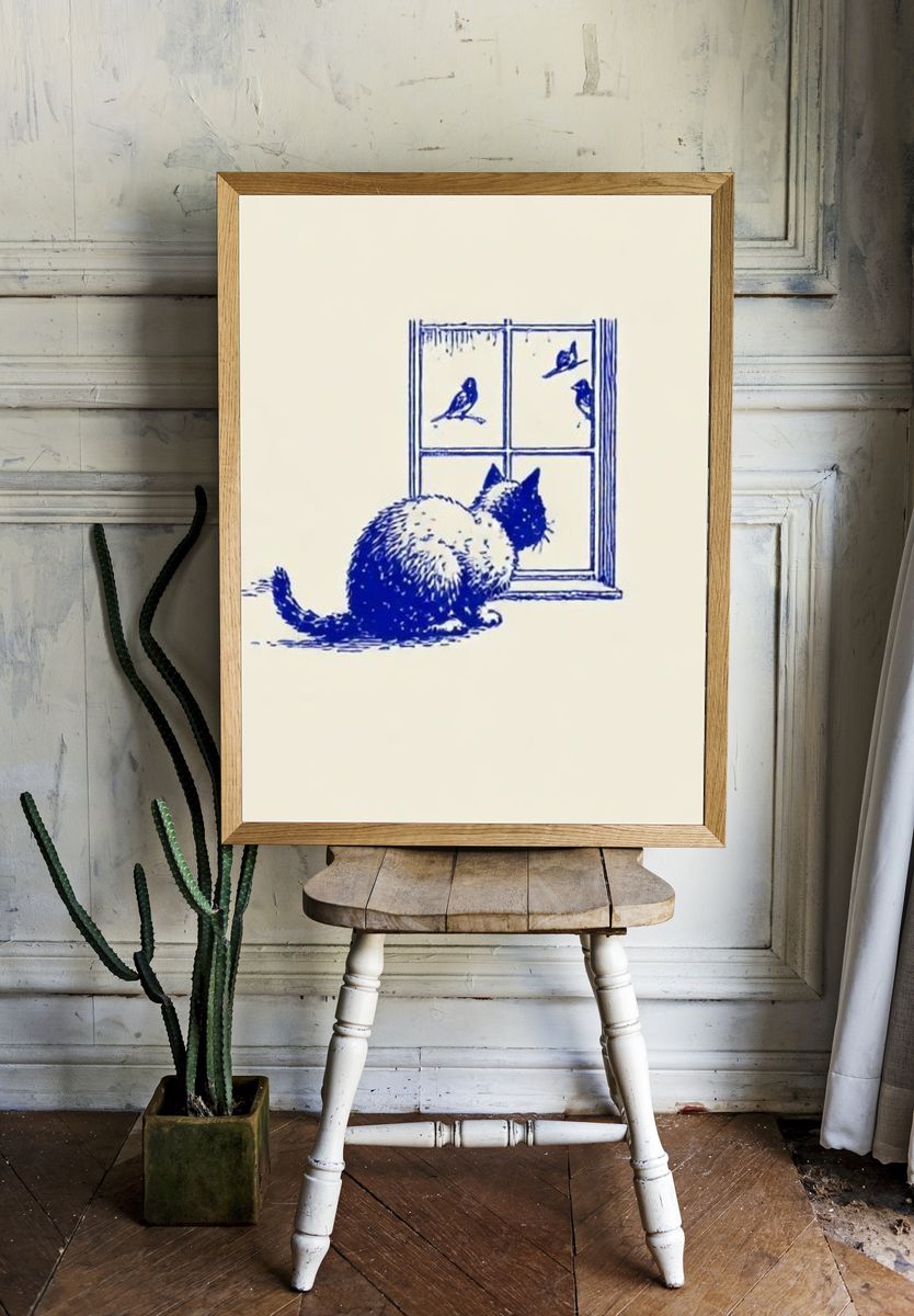 Cat at Window Illustration Print. — room view 1