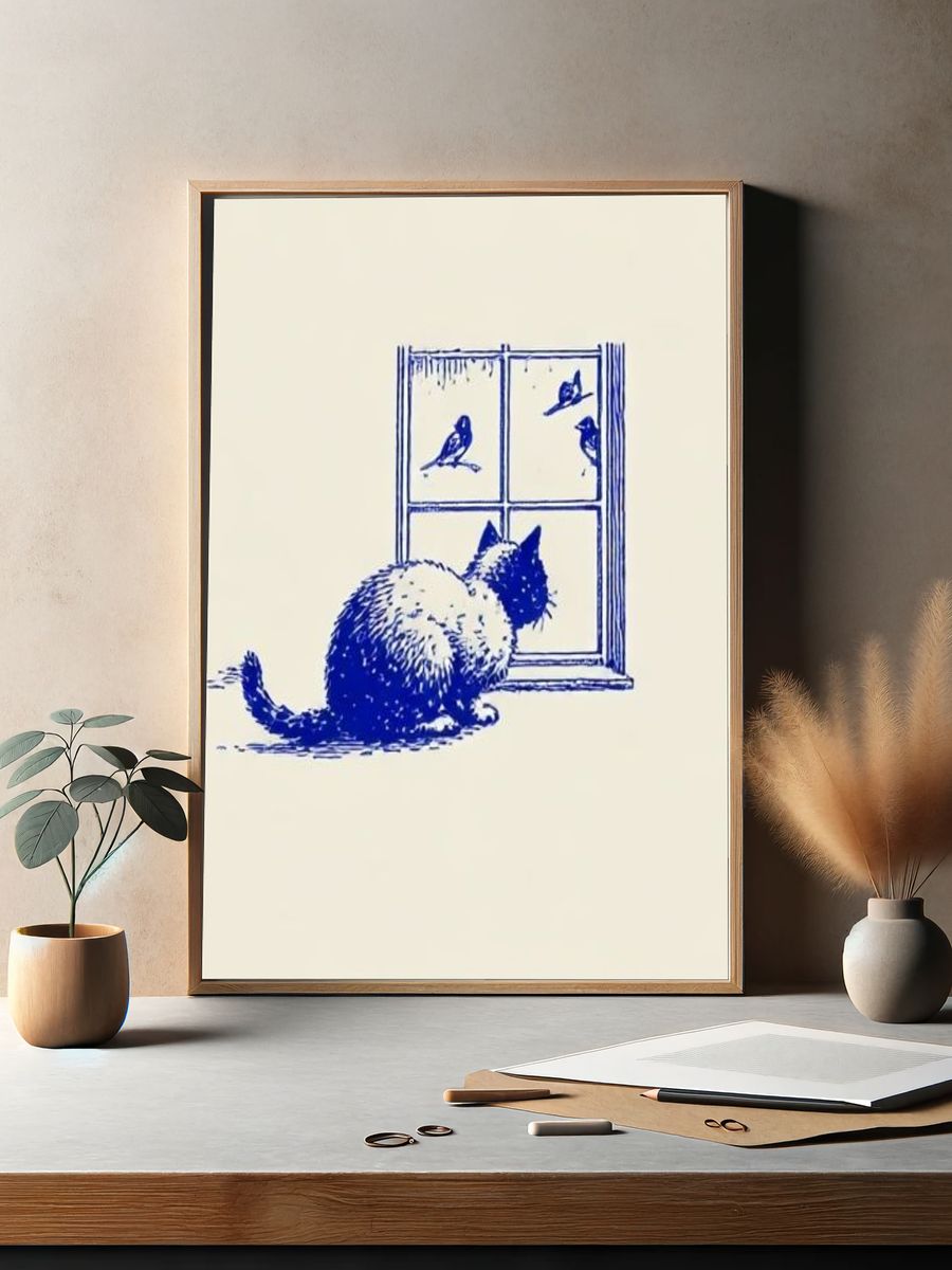 Cat at Window Illustration Print. — room view 2