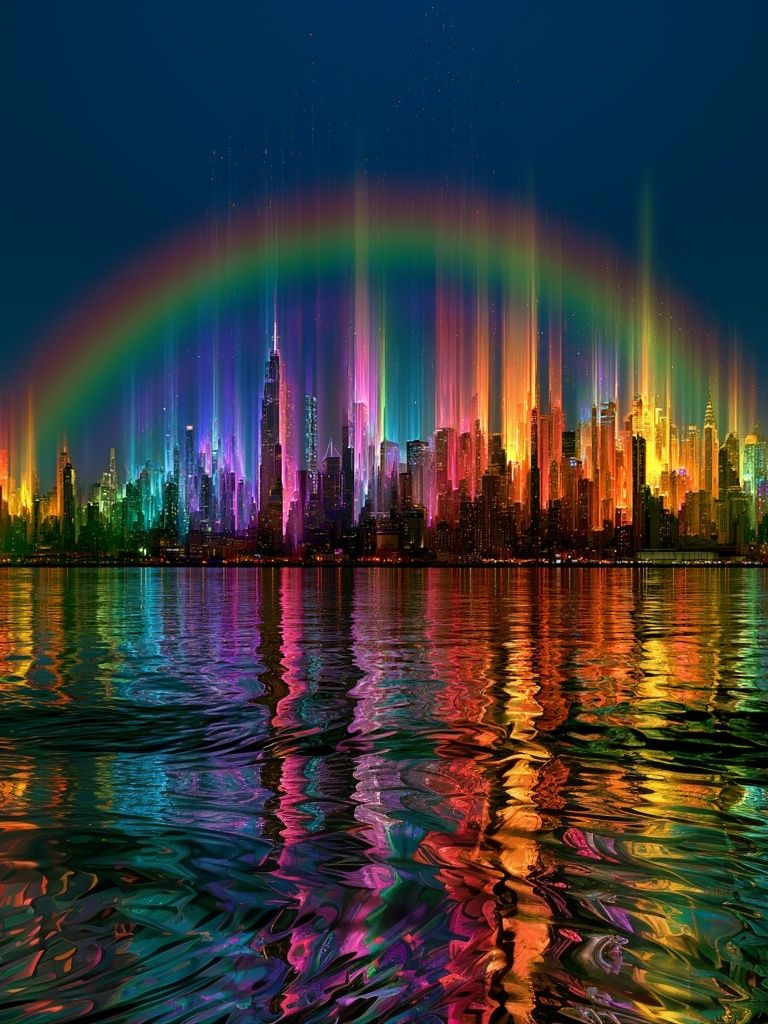 Neon Rainbow Skyline Poster. poster detail